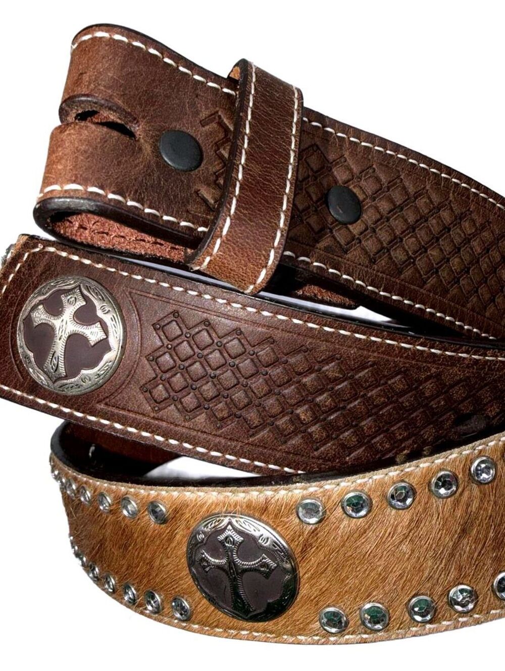 3d Hand Tooled Genuine Leather Cowhide Calf Hair Western Belt Brown Size 44